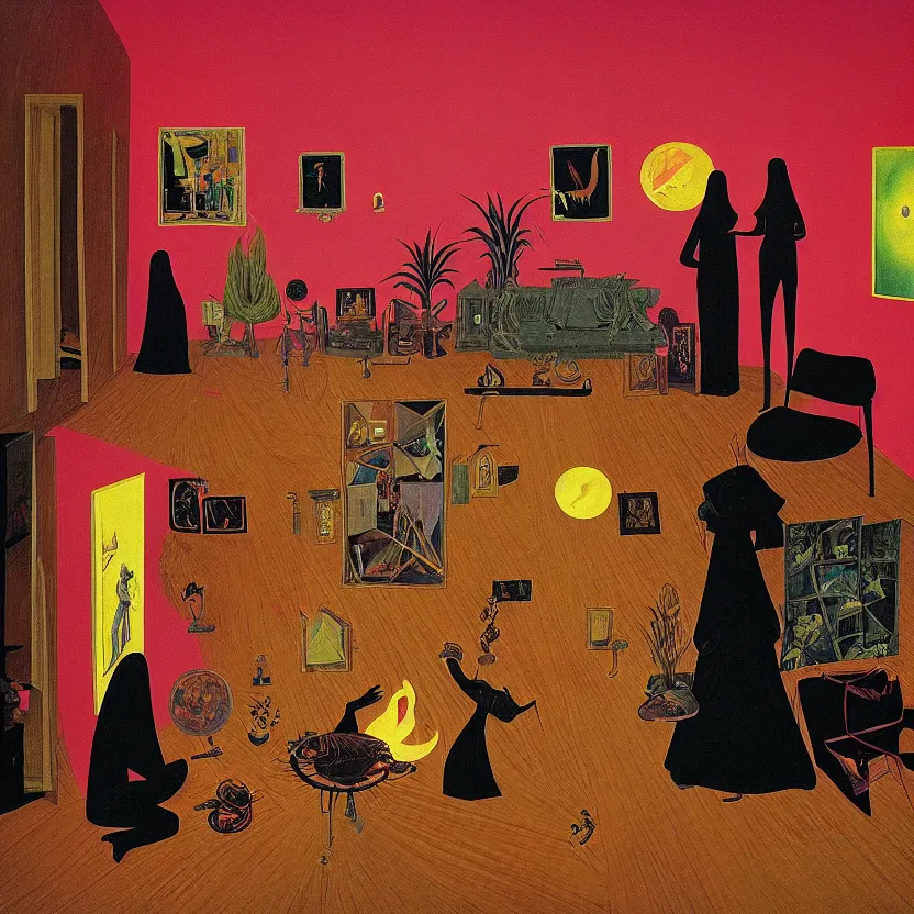 Image similar to One man and one woman attached by love in a living room of a house, floating dark energy surrounds the middle of the room. There is one living room plant to the side of the room, surrounded by a background of dark cyber mystic alchemical transmutation heavenless realm, by Remedios Varo and Anato Finnstark and Greg Rutkowski and Andy Warhol, dayglo pink, dayglo blue, prismatic, pearlescent white, raven black, hyperrealism, 8k, trending on ArtStation, rendered in Octane, rendered in Unreal engine, award winning, volumetric lighting