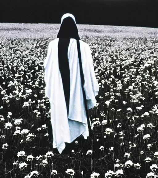 Prompt: white grim reaper with no face standing at distance looking at you in beautiful meadow of flowers, film photo from 1970s, grainy, high detail, high resolution