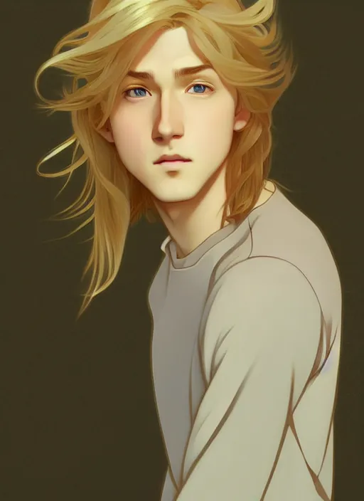 Image similar to pretty young man with shoulder length shiny shimmering golden blond hair, path traced, highly detailed, high quality, digital painting, by studio ghibli and alphonse mucha, leesha hannigan, makoto shinkai, disney