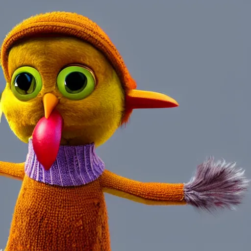 Prompt: anthropomorphic cute bird character wearing a knitted sweater, Disney Pixar, in the style of claymation, high detail, detailed feathers and fur, 3d render