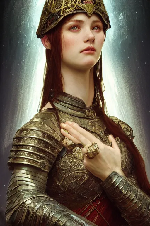 Prompt: beautiful and victorian and holy and divine and elite young medieval female knight portrait +shinny eyes+front face with light flowing hair, ultradetail face, art and illustration by tian zi and craig mullins and WLOP and alphonse mucha, fantasy, intricate complexity, human structure, human anatomy, fantasy character concept, watermark, blurry, hyperrealism 8k