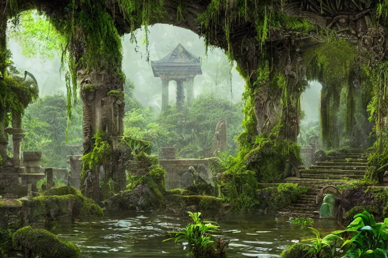 Prompt: A flooded stone temple, with a path, tall ceiling, overgrown with weeds, lush plants, colorful flowers, rich and green vines hanging from the tall ceiling, verdant bushes, mossy, dimly lit by natural sunlight, detailed, digital art, trending on Artstation, immaculate scale, cinematic lighting