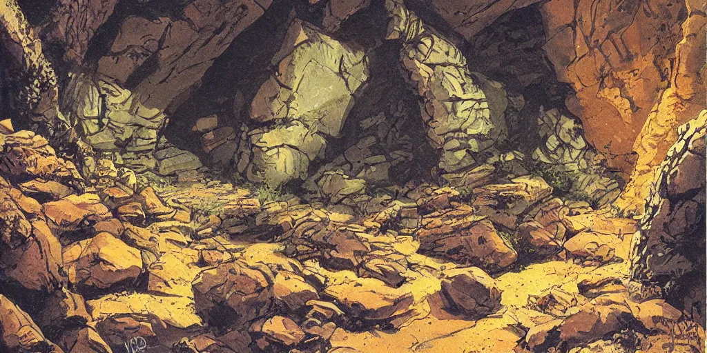 Prompt: painting of rocky wall in a dark cave with rocky ground, comics, illustration by james gurney, vivid colors