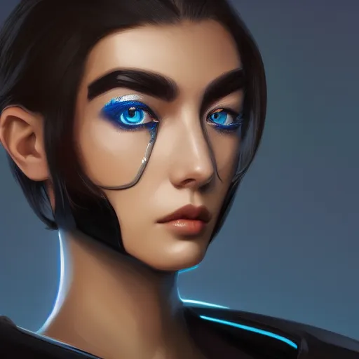 Image similar to a woman with a futuristic look and blue eyes, a character portrait by senior character artist, trending on cgsociety, digital art, artstation hd, artstation hq, polycount