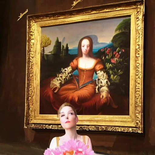 Image similar to renaissance oil painting of a pretty girl sitting in the lourve surrounded by giant pink gold flowers and digital paintings