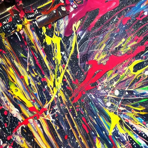 Prompt: cyborgs drawing squirting splashing and dripping paint onto canvas in the style of pollock
