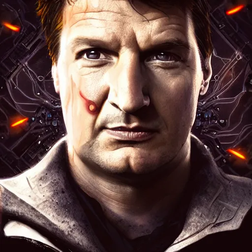 Image similar to Very very very very highly detailed epic central composition photo of Nathan Fillion face, intricate, dystopian, sci-fi, extremely detailed, digital painting, smooth, sharp focus, illustration, intimidating lighting, incredible art by Brooke Shaden, artstation, concept art, Octane render in Maya and Houdini