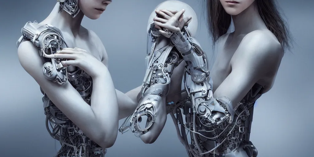 Image similar to hyperrealistic photography of a stunningly beautiful cyborg female, mechanical elbow, plated arm, intimate, holding hands, in the style of beth cavener, jin kagetsu,, and wlop, highly detailed, intricate, face symmetry, masterpiece, award - winning, sharp focus, concept art, high key, ambient lighting, 8 k, octane render, artstation