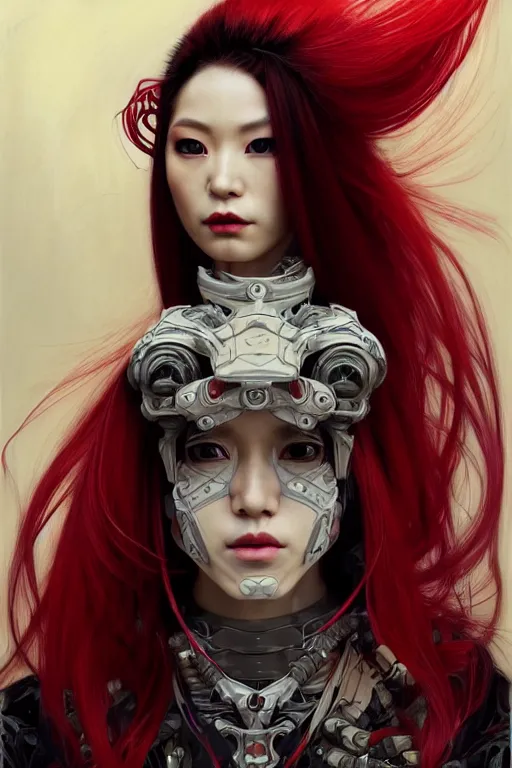 Prompt: > professional dynamtic portrait of a single agile geisha cyberpunk style in a dynamic pose , armor elements , long red hair, beautiful bone structure, symmetrical facial features, intricate, elegant, digital painting, concept art, smooth, sharp focus, illustration, by Ruan Jia and Mandy Jurgens , and mucha, and Artgerm and William-Adolphe Bouguerea