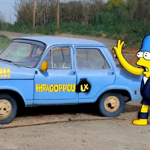 Prompt: Photo of excited Homer Simpson driving a LADA