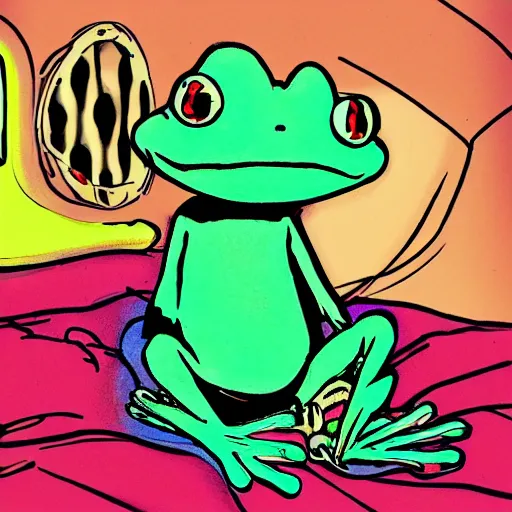 Image similar to peepo the frog!!!, lying on his bed with a laptop, crying!!!, sad lo-fi vibes, dramatic,