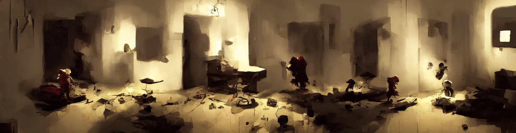 Image similar to a kid entering in a hoarder's room, dark atmosphere. by sergey kolesov and phil hale