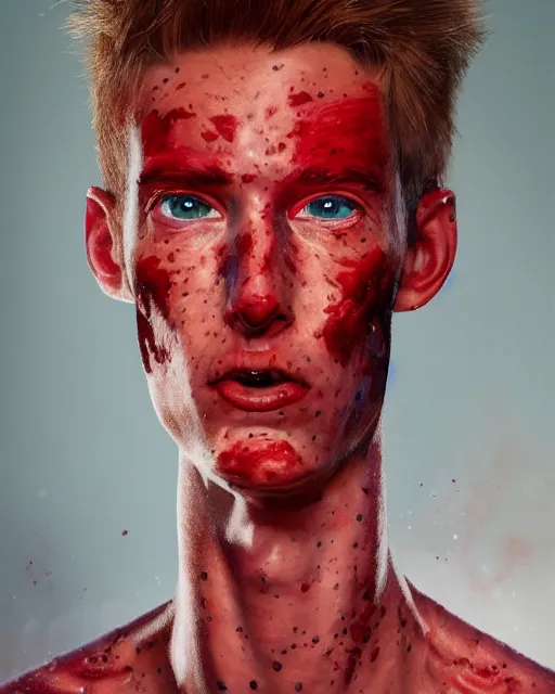 Prompt: a striking hyper real portrait painting of tall, thin, 1 5 - year - old boy with a long nose, a lot of freckles, fiery red hair, and bright blue eyes, 4 k, 8 k, apex legends concept art, d & d concept art, unreal 5, daz, hyperrealistic, octane render, cosplay, rpg portrait, dynamic lighting