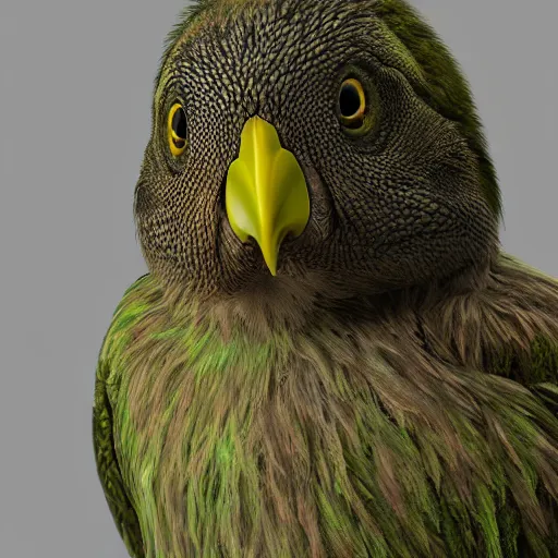 Prompt: photorealistic high resolution 3 d render of kakapo portrait, unreal engine 5, trending on artstation, volumetric lighting, subsurface scattering, highly detailed realistic human skin texture