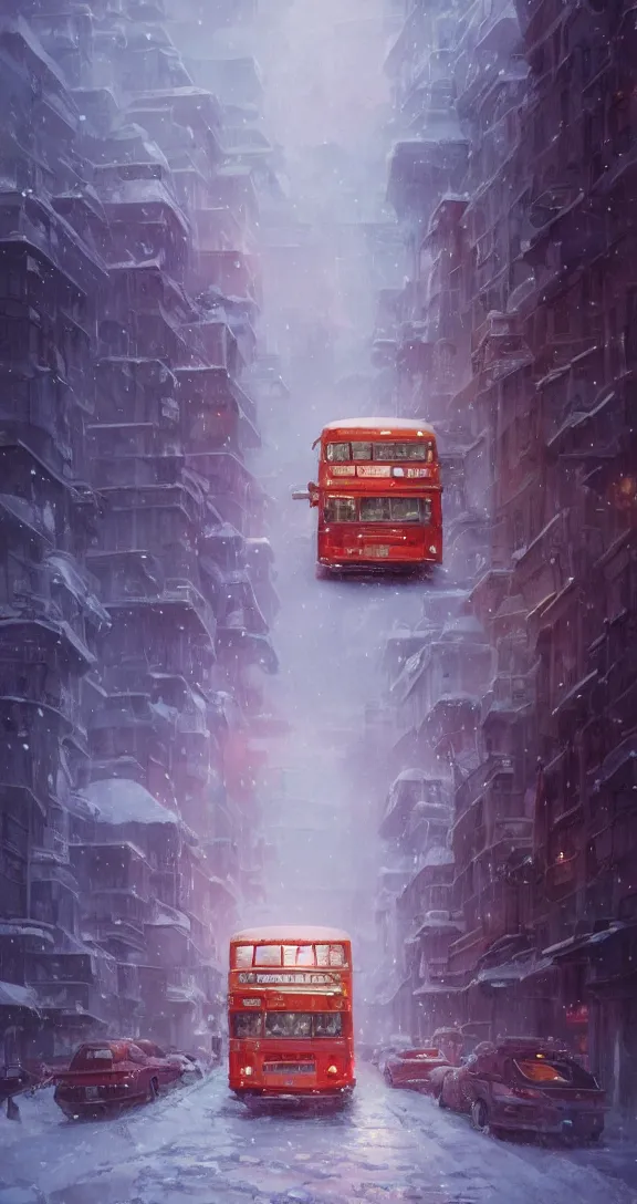 Prompt: A bus in a snowy city, bright, pretty, by Studio Ghibli and Greg Rutkowski, artstation