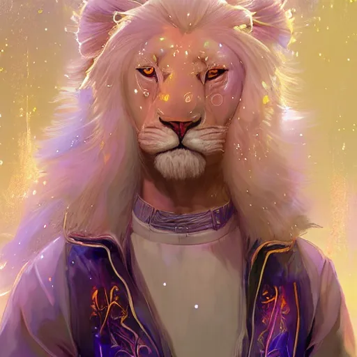 Image similar to aesthetic portrait commission of a albino male furry anthro lion wearing a cute holographic iridescent long sleeved silky reflective shirt outfit with bubble patterns and shapes, winter Atmosphere. Character design by charlie bowater, ross tran, artgerm, and makoto shinkai, detailed, inked, western comic book art, 2021 award winning painting