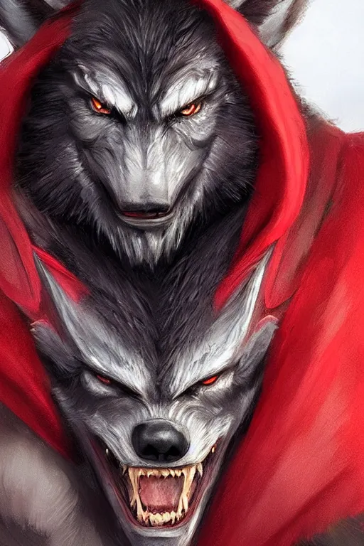 Image similar to werewolf warrior in red cape, d & d, fantasy, portrait, highly detailed, headshot, digital painting, trending on artstation, concept art, sharp focus, illustration, art by artgerm and greg rutkowski and magali villeneuve