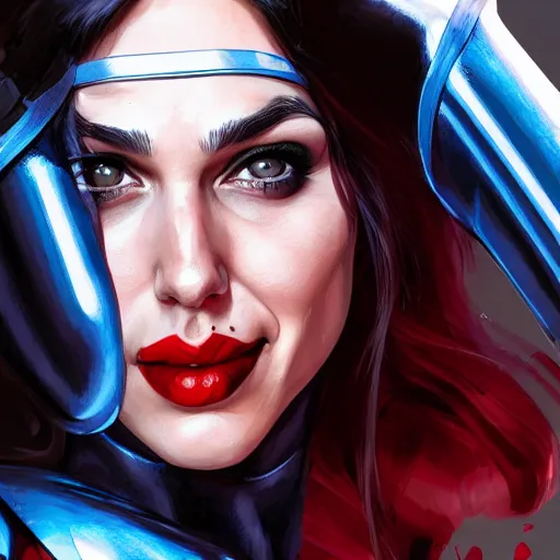 Image similar to a close up face of gal gadot as Harley Quinn, by Stanley Artgerm Lau, WLOP, Rossdraws, James Jean, Andrei Riabovitchev, Marc Simonetti, Yoshitaka Amano, ArtStation, CGSociety, Full body shot