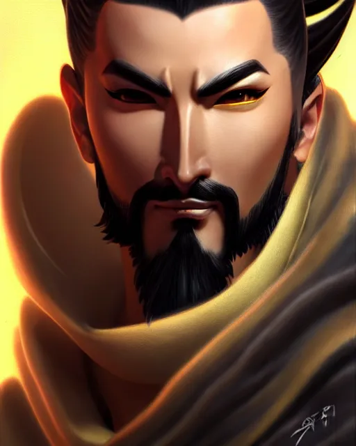 Image similar to hanzo from overwatch, character portrait, portrait, close up, highly detailed, intricate detail, amazing detail, sharp focus, vintage fantasy art, vintage sci - fi art, radiant light, caustics, by boris vallejo