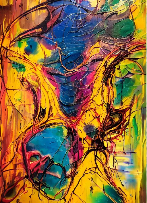 Image similar to abstract expressionism oil painting intertwined with a mutant biomorphic biological human structure, spray paint texture, drips, impasto paint, 3 d graffiti texture, brushstrokes, abstract, highly detailed, hyperealistic fresh paint, harmonious, chaotic, colorful, in the style of francis bacon