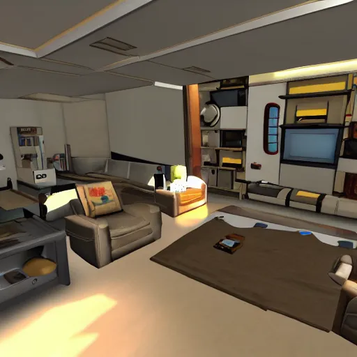 Prompt: Living room in the style of Portal 2