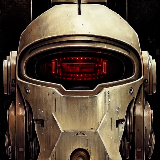 Image similar to the doomslayer, realistic scifi cyberpunk power armor robot, closeup portrait art by donato giancola and greg rutkowski, vintage retro scifi, realistic face, digital art, trending on artstation, symmetry