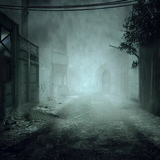 Prompt: a highly detailed photographic render of a creepy street by Silent Hill style, camera POV, horror scene, horror, bloody, ghost, creepy, cinematic lighting, cinematic scene, Volumetric lighting, Atmospheric scene, Dark, Horror, Atmospheric lighting, Global illumination cinematic render, film, beautifully lit, ray traced, octane 3D render, octane render, unreal engine