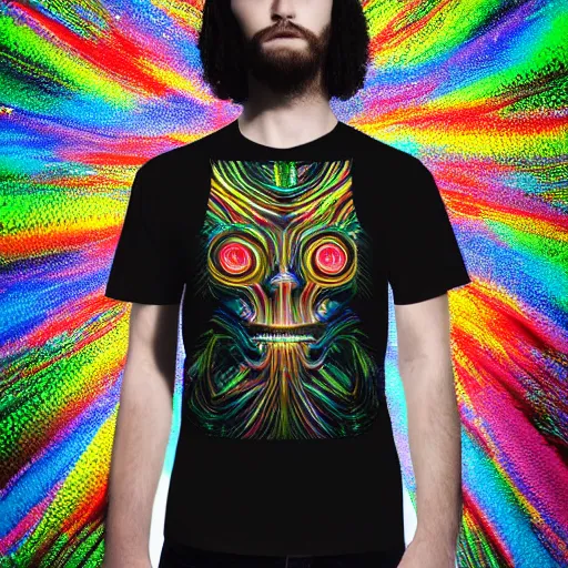 Image similar to photo of a black tshirt with a hyperdetailed portrait of a trippy robot, half robot, half human, 8 k, symetrical, flourescent colors, happy mood, multicolored,