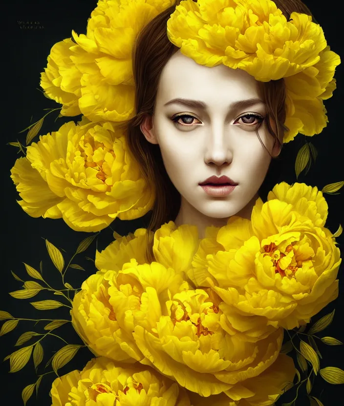 Prompt: beautiful yellow woman, symmetrical portrait, realistic, full body, black peonies, snake twist, rich details, by wlop