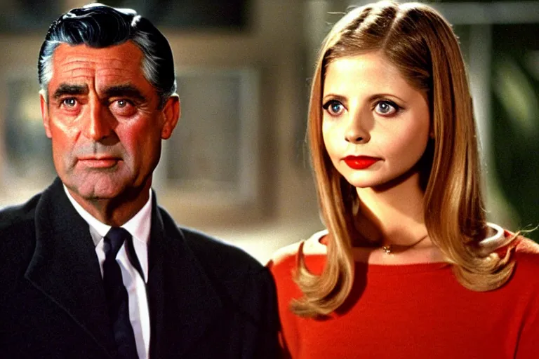 Image similar to cary grant as giles in buffy the vampire slayer, along side sarah michelle gellar 1 9 9 8