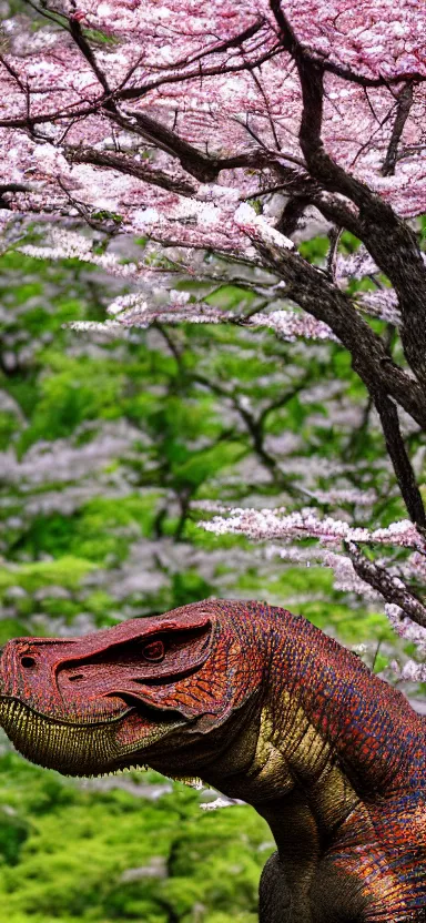 Image similar to “ a portrait photo of tyrannosaurus at a sakura tree, side shot, by shunji dodo, 8 k resolution, high quality ”