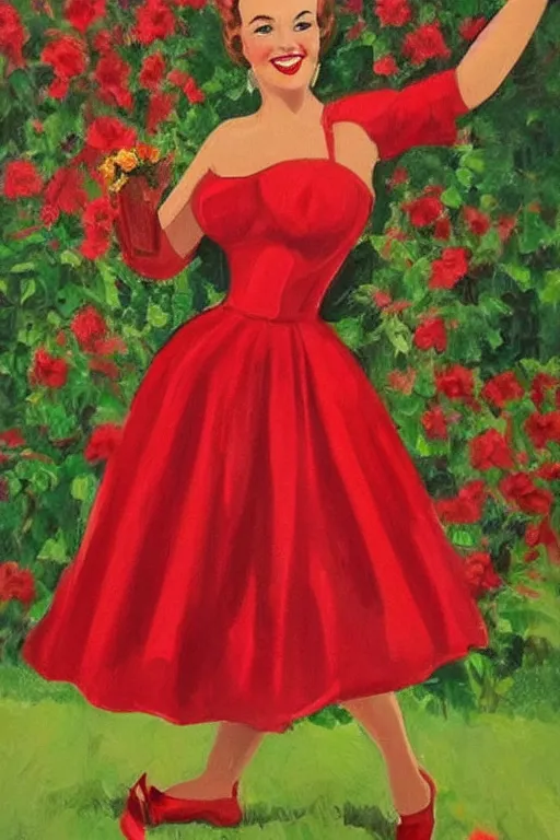 Image similar to a portrait of a beautifull woman, wearing a red dress,with a beautifull smile,a garden background.in american style pin up.anatomically correct