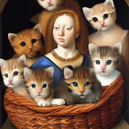 Image similar to renaissance portrait of a basket of kittens