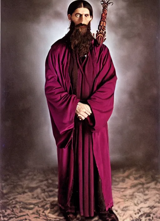 Image similar to full body portrait of a 30 year old RASPUTIN wearing a highly detailed deep purple and crimson robe with cloak holding a sickle in his right hand. Cinematic dynamic lighting with backlight. ACTION POSE. portrait by Annie Leibovitz