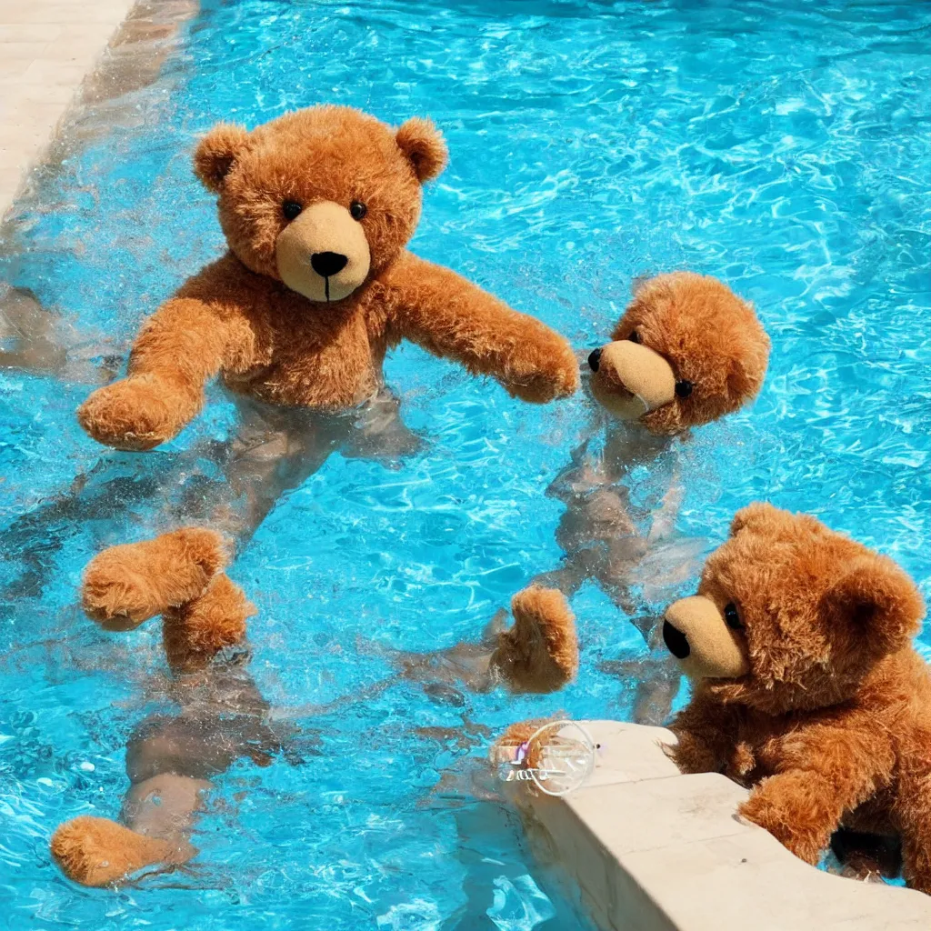 Prompt: teddy bear playing in the pool