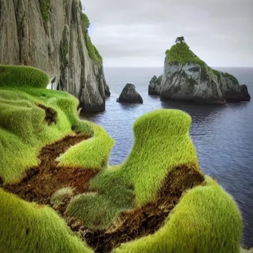 Image similar to contemporary art of a lush natural scene on an alien planet. beautiful landscape. weird vegetation. cliffs and water.