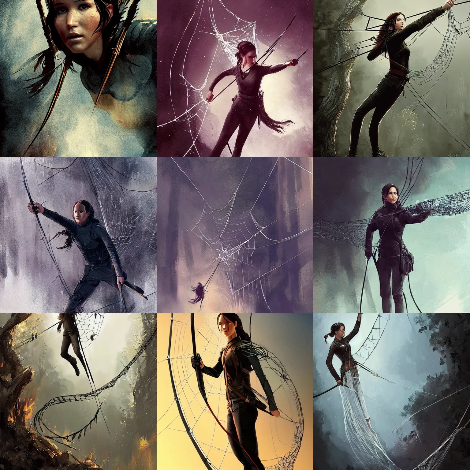 Prompt: katniss everdeen stuck to a giant spiderweb, digital art by greg rutkowski