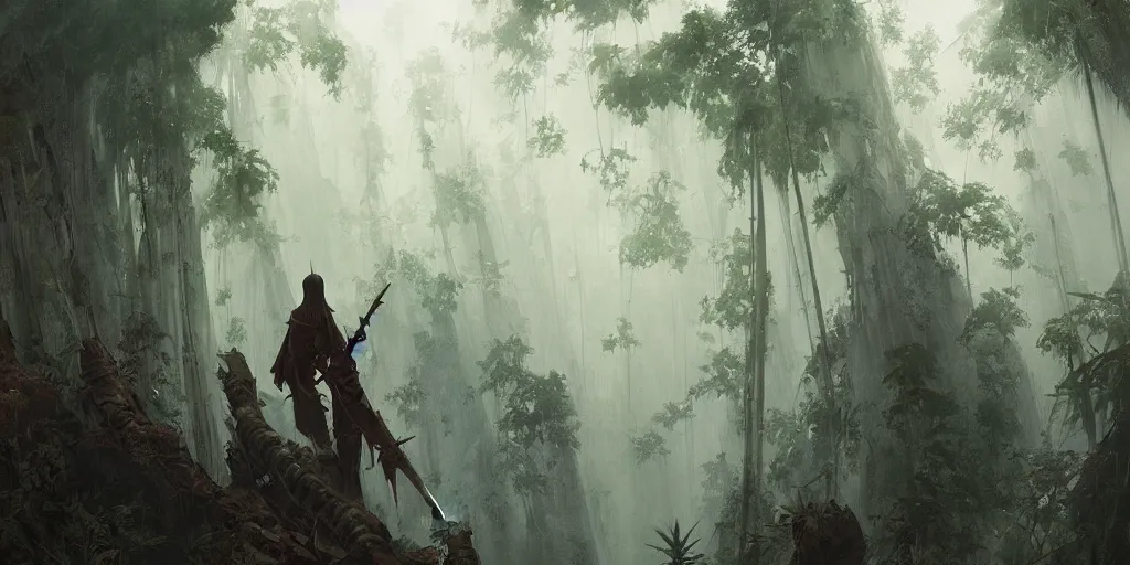 Image similar to hyper realistic yasuo the ancient swordsman gazing upon the world he has created while its raining in a bamboo forest, greg rutkowski, brom, james gurney, mignola, craig mullins, alan lee