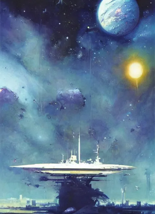 Image similar to spacious bg. minimalistic piece. simplified environment. lonely cosmos. single ship as main subject. masterpiece book cover illustration by the great famous sci - fi artist john berkey.