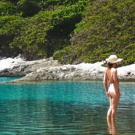 Prompt: a beautiful woman stands in the water at jobsons cove in bermuda, sunny day, highly detailed, calm water, intricate, award winning,