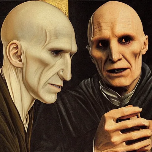 Prompt: Voldemort drinking tea, renaissance painting, daytime, detailed, dark robes, good quality