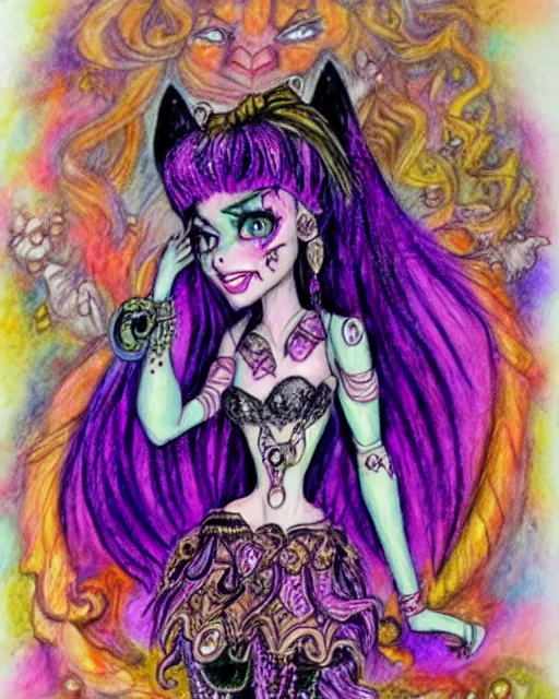 Prompt: josephine wall watercolor pencil drawing of a monster high universe clawdeen wolf fullmoon