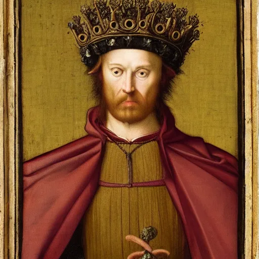 Prompt: a renaissance style portrait of a hedgehog king wearing a crown and a cape, dark background