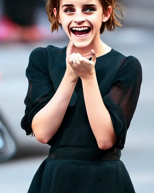 Prompt: A photo of laugh emma watson. she has wedding ring on his fingers. 50 mm. perfect ring. award winning photography