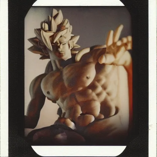 Prompt: Polaroid photo of fragmented greek sculpture of Goku