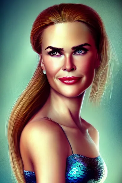 Image similar to portrait of a mix of beautiful young maria shriver, mariel hemmingway, brooke shields, nicole kidman and elle macpherson as a mermaid, thin lips, hair tied up in a pony tail, colorful artstation, cgsociety