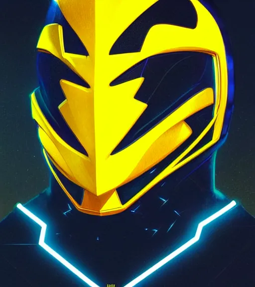 Image similar to symmetry!! yellow ranger, lightning - bolt - shaped helmet!!, hard edges, product render retro - futuristic poster scifi, lasers and neon circuits, yellow ranger, thunder, lightning, intricate, elegant, highly detailed, digital painting, artstation, concept art, smooth, sharp focus, illustration, dreamlike, art by artgerm