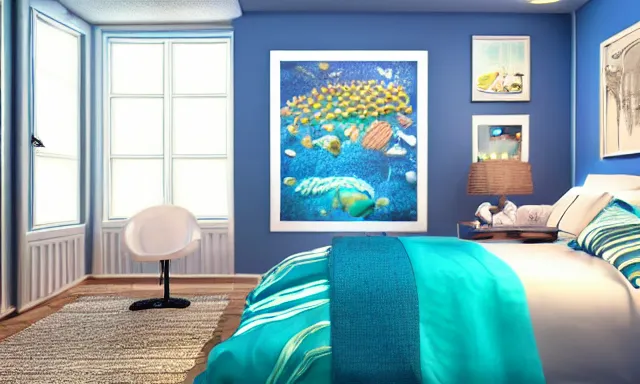 Image similar to a bedroom deep under the sea, photorealistic magazine picture, studio lighting, cozy, extremely detailed and realistic