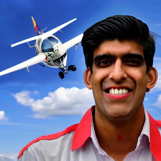 Image similar to rishi sunak flies a plane made of money