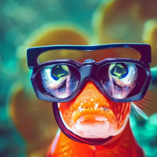 Prompt: dslr photo of fish wearing glasses, looking in disapproving way